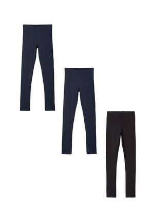Drei Paare von dehnbaren Leggings in Dunkelblau und Schwarz. Sie verfügen über eine glatte Textur mit einem elastischen Taillenbund, der für eine figurschmeichelnde Silhouette sorgt.
