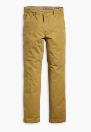 Chinos kaki en coton robuste avec une coupe droite. Comprend une fermeture éclair à l'avant, des passants de ceinture et des poches latérales. Texture lisse sur l'ensemble.