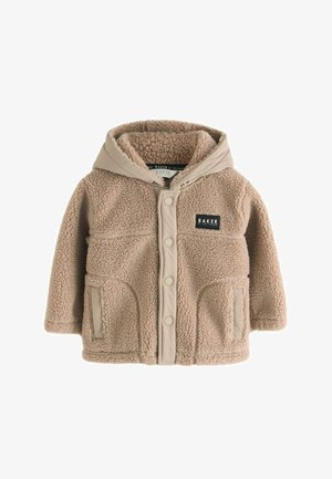 Beige Kinder-Fleecejacke mit Kapuze, Druckknöpfen, Fronttaschen und einem "Baker"-Label auf der linken Brust.
