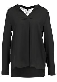 Blusa nera a maniche lunghe con scollo a V, dettagli in pizzo sulle spalle e vestibilità morbida. Tessuto liscio, orlo curvo e caduta rilassata.