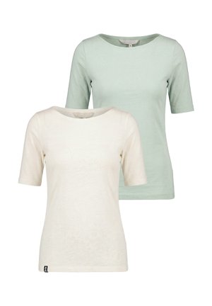 Zwei schlichte T-Shirts mit kurzen Ärmeln und Rundhalsausschnitt, eines in Off-White vorne und eines in Hellgrün dahinter, auf weißem Hintergrund präsentiert.