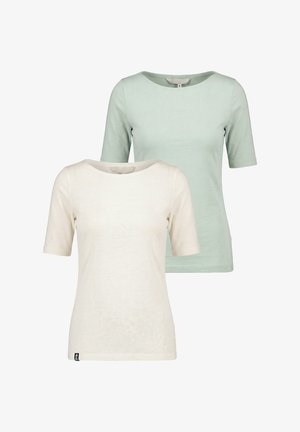Zwei schlichte T-Shirts mit kurzen Ärmeln und Rundhalsausschnitt, eines in Off-White vorne und eines in Hellgrün dahinter, auf weißem Hintergrund präsentiert.