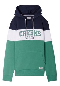 Felpa con cappuccio a strisce orizzontali blu navy, bianche e verdi. Caratterizzata da una tasca frontale, cappuccio con coulisse e logo stampato. Tessuto morbido.