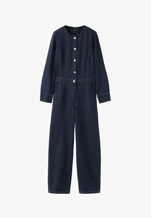 Talilni kombinezon iz temno modrega džinsa z okroglim izrezom, dolgimi rokavi, gumbim spredaj in oprijatim pasom s stranskimi žepi.