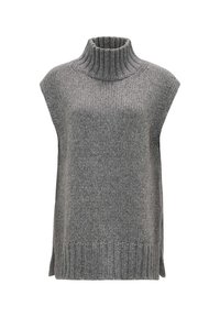 Grauer ärmelloser Strickrollkragenpullover mit geripptem Kragen und Saum, der ein strukturiertes Muster und seitliche Schlitze für Bewegungsfreiheit aufweist.