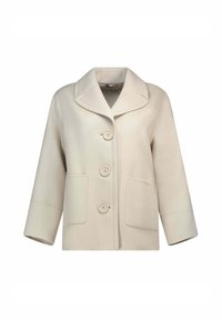 Cappotto di lana beige con colletto a revers, tre grandi bottoni, due tasche frontali e maniche a lunghezza gomito con una vestibilità morbida.