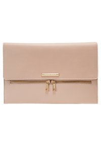 Light pink faux leather clutch with a flap closure, featuring a gold-tone hardware accent and a zippered pocket at the front.