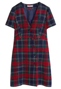 Kurzarmpullover-Kleid im Karomuster mit roten, marineblauen und grünen Farben, V-Ausschnitt, Knopfverschluss und einem leichten strukturierten Stoff.