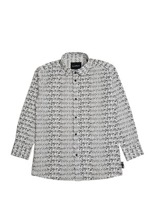 Camicia a maniche lunghe con bottoni, base bianca e motivo geometrico nero ripetuto, colletto ampio e bottoni neri sul davanti.