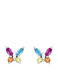 Fjärilsörhängen med en silverfärgad bas som pryds av färgglada ädelstenar: rosa, blå, orange och gula i marquise- och rund former.