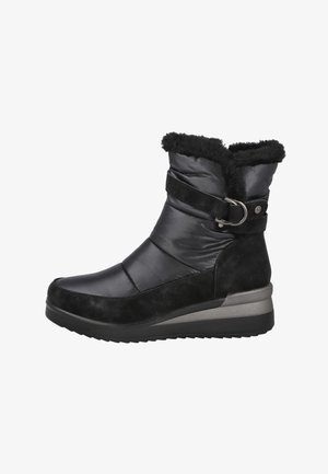 Botas de invierno negras hasta la mitad de la pantorrilla con suave forro de piel sintética, correa ajustable con hebilla de metal y suela de cuña acolchada para mayor comodidad.