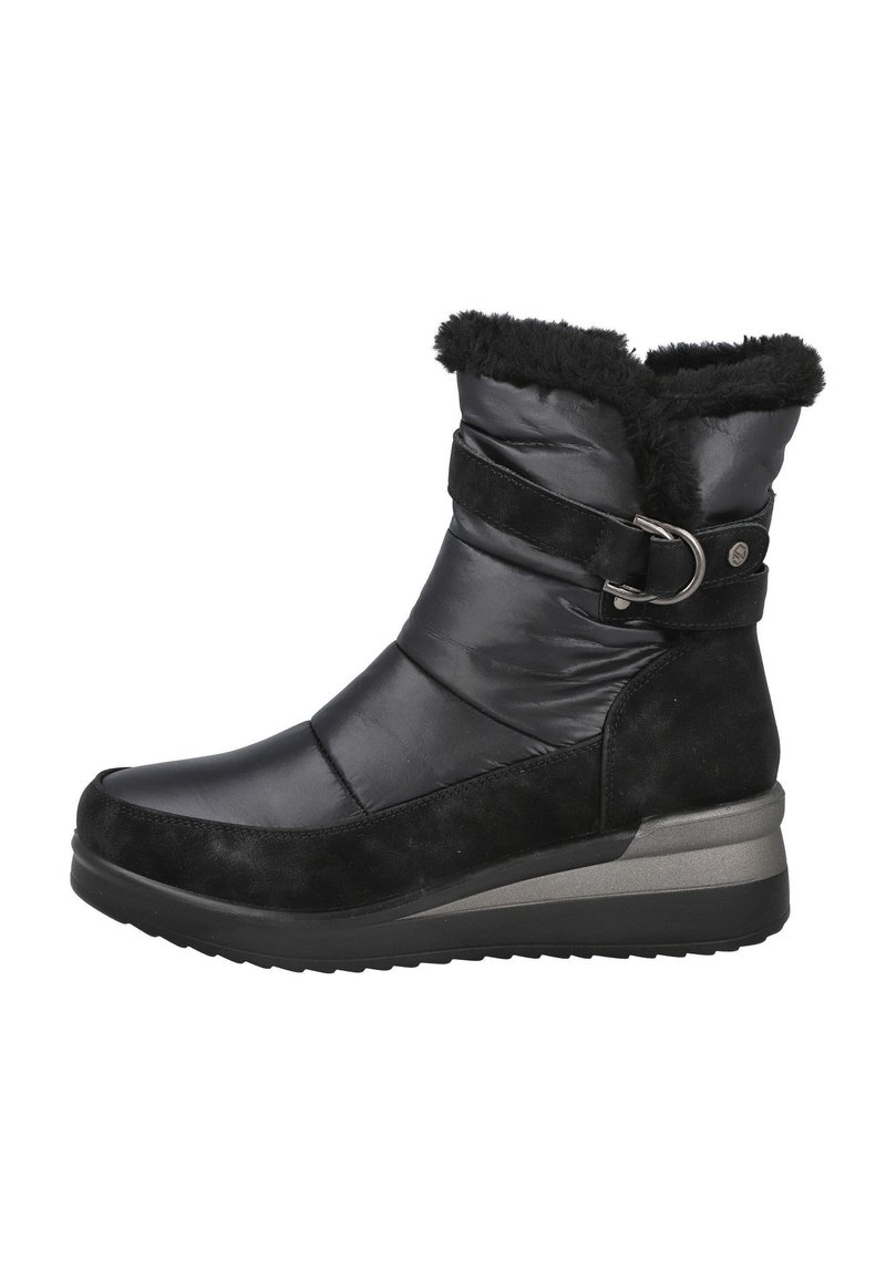 Botas de invierno negras hasta la mitad de la pantorrilla con suave forro de piel sintética, correa ajustable con hebilla de metal y suela de cuña acolchada para mayor comodidad.