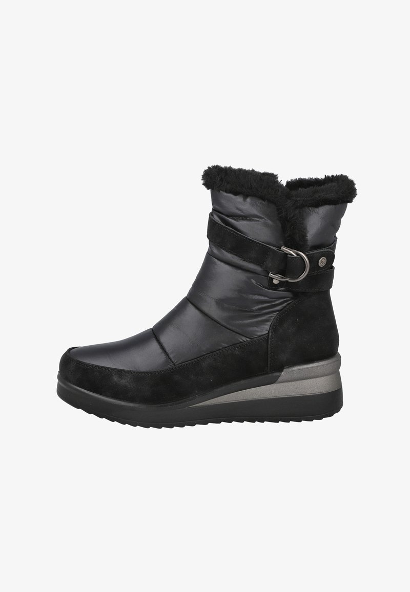 Botas de invierno negras hasta la mitad de la pantorrilla con suave forro de piel sintética, correa ajustable con hebilla de metal y suela de cuña acolchada para mayor comodidad.