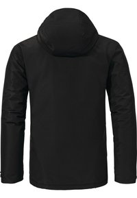 Zwarte waterdichte jacket met een capuchon, met een gladde textuur, lange mouwen en een rechte snit. Geen zichtbare hardware of patronen.