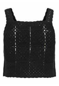 Haut court en crochet noir avec décolleté carré, bretelles larges et un motif d'une trame ouverte. Fini texturé avec des bords festonnés à l'ourlet.