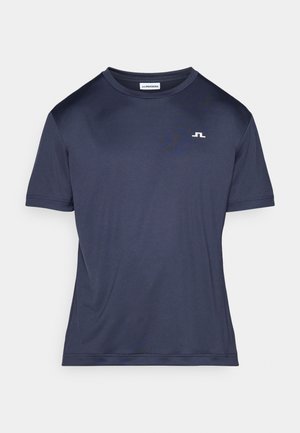 Marineblå kortermet treningsskjorte med rund hals, glatt tekstur og en liten hvit logo på brystet.