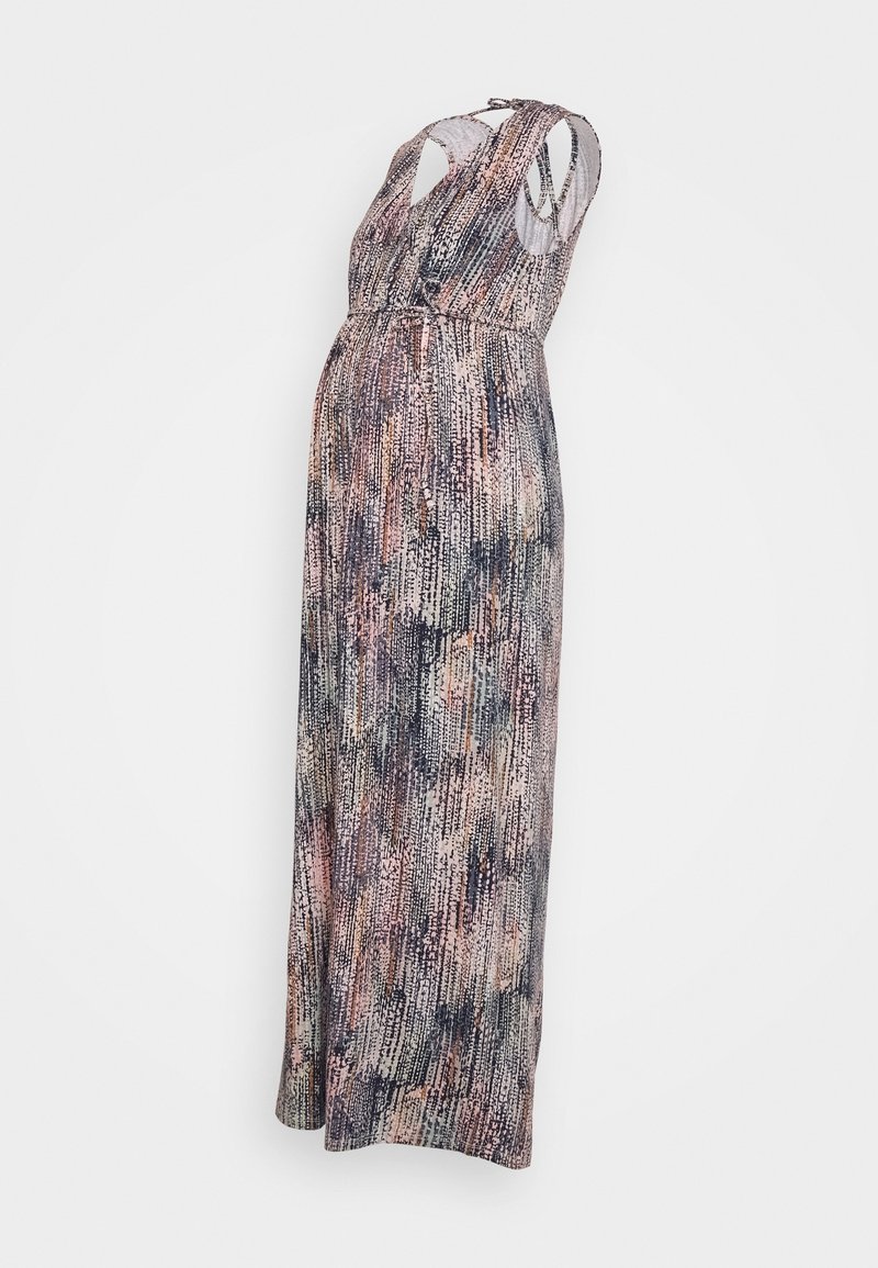 Robe de maternité à motif multicolore, avec un design sans manches, une taille plissée et une jupe fluide qui atteint les chevilles.