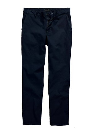 Navyblaue Baumwollhose mit geradem Bein, Reißverschluss, Knopfverschluss, seitlichen Taschen und glatter Textur. Leicht knittriger Erscheinungsbild.