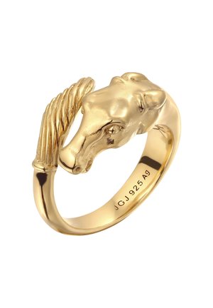 Goudkleurige ring in de vorm van een paardenhoofd met gedetailleerde manen en gegraveerde tekst "JGJ 925 Ag" op de binnenste band.