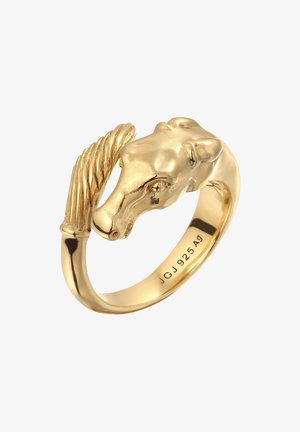 Bague couleur or en forme de tête de cheval avec crinière détaillée et texte gravé "JGJ 925 Ag" sur la face intérieure.