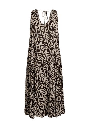 Robe fluide sans manches noire et beige avec motif de feuilles, col en V et fermeture à nouer à l'arrière du cou.