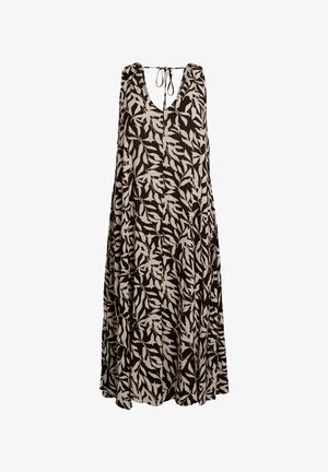 Mouwloze zwart- en beige jurk met bladvormig patroon, V-hals en striksluiting aan de achterkant van de hals.