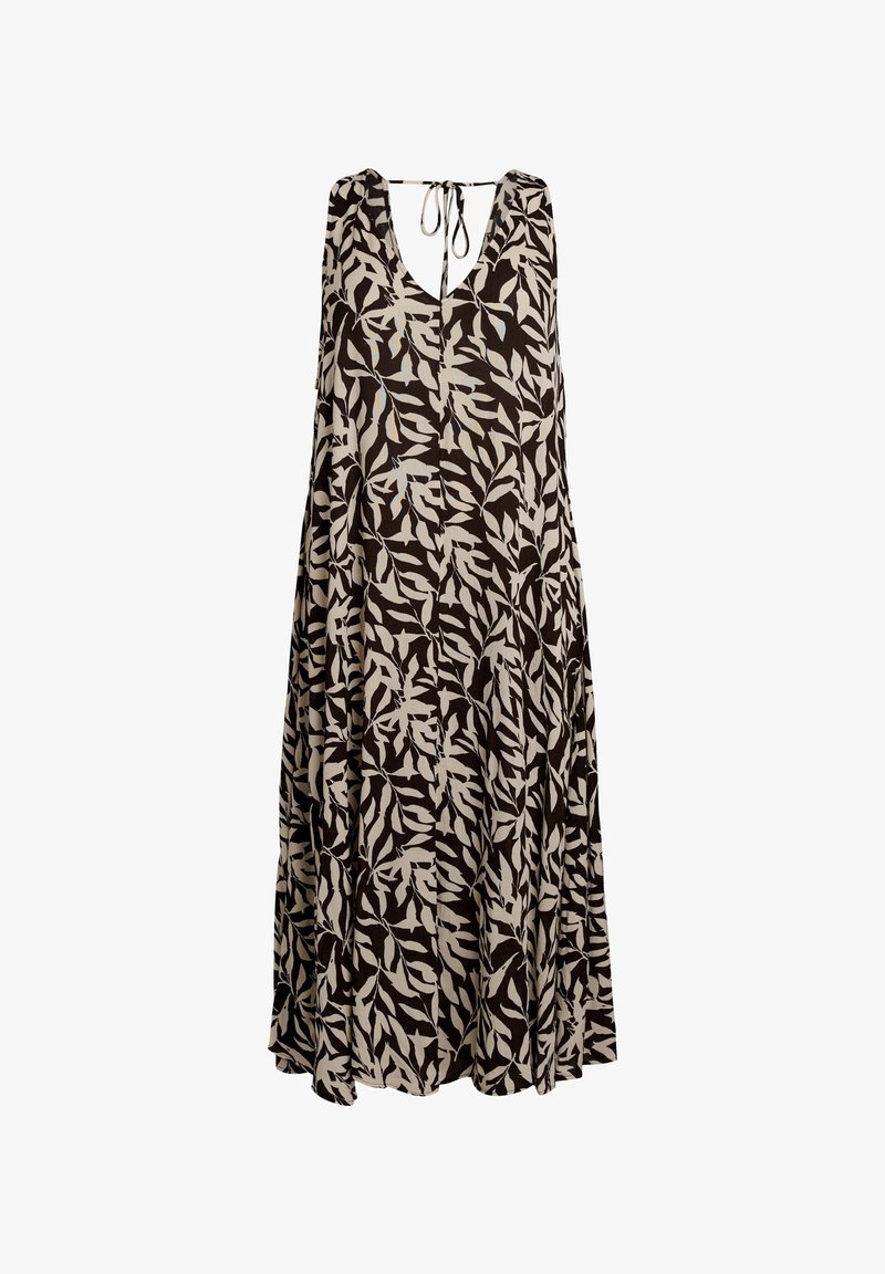 Sort og beige ærmeløs flydende kjole med bladmønster, V-hals og bindelukning ved nakken.