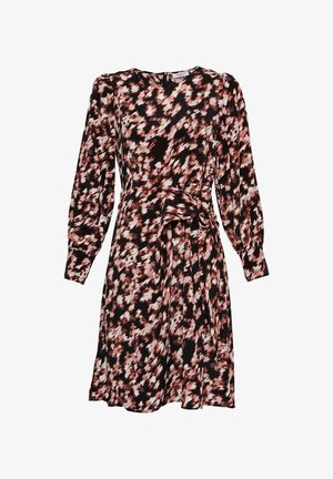 Abito floreale nero con motivi astratti rosa e bianchi, maniche lunghe, vita aderente e dettaglio con fiocco laterale. Tessuto morbido.