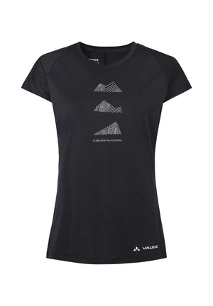 Zwart T-shirt met korte mouwen met drie witte gestileerde bergvormen en de tekst "Stories from the Mountains", VAUDE-logo rechtsonder.