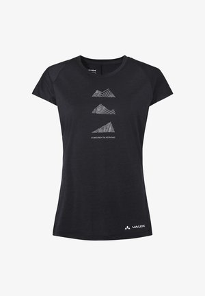 Zwart T-shirt met korte mouwen met drie witte gestileerde bergvormen en de tekst "Stories from the Mountains", VAUDE-logo rechtsonder.