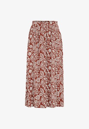 Midi-Rock in Rostfarbe mit weißem Blumen- und Paisley-Muster, elastischem Taillenbund und fließendem Stoff.