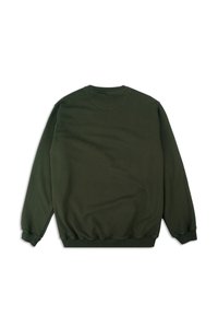 Sudadera de crewneck verde oscuro, hecha de un tejido suave, con puños y dobladillo acanalados, textura lisa y un diseño simple y sin adornos.