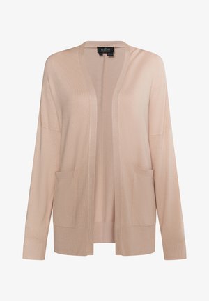 Svetlo roza kardigan iz gladkega materiala, z odprtim sprednjim delom, dolgimi rokavi, dvema sprednjima žepoma ter rebrastimi manšetami in robom.