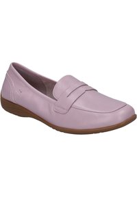 Light pink leather loafers with a simple design, featuring a band detail across the front and a flexible brown rubber sole.