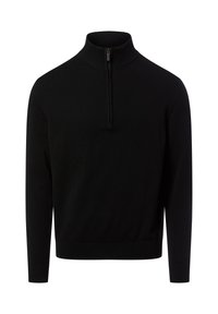 Schwarzer Pullover mit hohem Kragen und halbseitigem Reißverschluss. Strickstruktur mit gerippten Bündchen und Saum. Einfaches und vielseitiges Design.