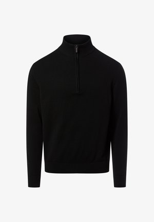 Schwarzer Pullover mit hohem Kragen und halbseitigem Reißverschluss. Strickstruktur mit gerippten Bündchen und Saum. Einfaches und vielseitiges Design.