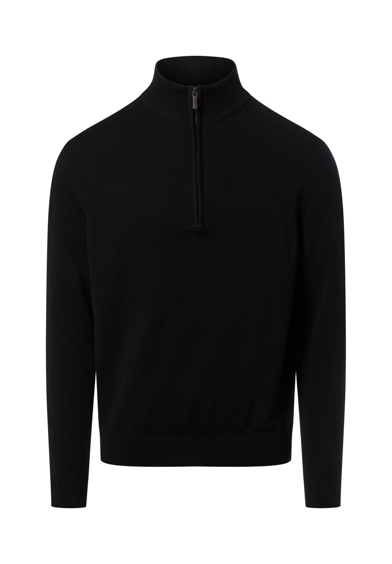 Schwarzer Pullover mit hohem Kragen und halbseitigem Reißverschluss. Strickstruktur mit gerippten Bündchen und Saum. Einfaches und vielseitiges Design.