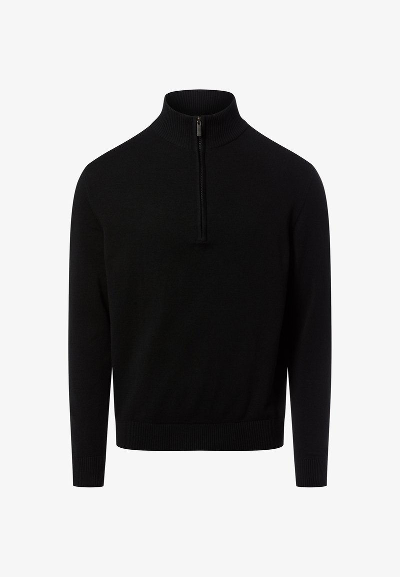 Schwarzer Pullover mit hohem Kragen und halbseitigem Reißverschluss. Strickstruktur mit gerippten Bündchen und Saum. Einfaches und vielseitiges Design.