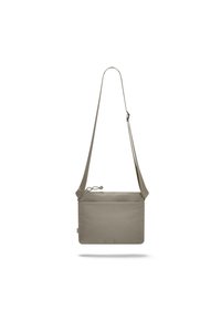 Borsa a tracolla beige in tessuto con tracolla regolabile, dotata di chiusura con zip e design semplice e rettangolare.