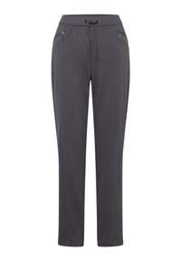 Graue Sweatpants aus weichem Material mit einem Kordelzugbund, zwei seitlichen Reißverschlusstaschen und einem geraden Schnitt.