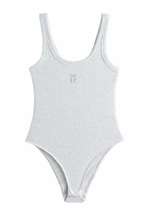 Jasnoszary prążkowany body na ramiączkach z okrągłym dekoltem i haftem "see if." na piersi, zaprojektowane dla kobiet.