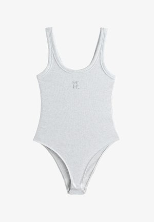 Light gray ribbed tank bodysuit with scoop neckline and "see if." embroidered on the chest, designed for women.