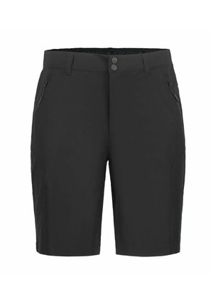 Pantaloncini neri sopra il ginocchio con due tasche frontali con zip, chiusura doppio bottone e passanti per cintura su sfondo bianco uniforme.