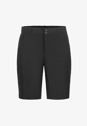 Schwarze knielange Shorts mit zwei Reißverschlusstaschen vorne, doppeltem Knopfverschluss und Gürtelschlaufen vor reinweißem Hintergrund.