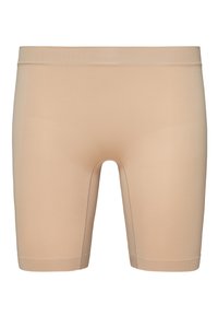 Beige nahtlose Shorts aus dehnbarem Stoff mit einer glatten Textur. In der Mitte des Oberschenkels lang, mit einem elastischen Bund und ohne sichtbare Nähte.