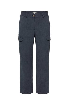 Dunkelgraue Cargo-Hosen aus strukturiertem Stoff mit zwei Seitentaschen, Knopfverschluss und geradem Bein-Design.