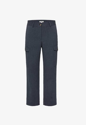 Dunkelgraue Cargo-Hosen aus strukturiertem Stoff mit zwei Seitentaschen, Knopfverschluss und geradem Bein-Design.