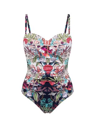 Jednoczęściowy strój kąpielowy z wielokolorowym wzorem rafy koralowej, muszli, ryb i wodorostów, z cienkimi regulowanymi ramiączkami.
