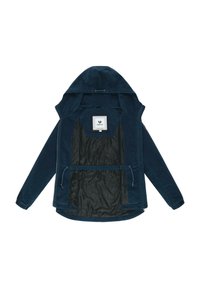 Marineblå kordfløjlsjakke med hætte, der har lynlåslukning, elastiske ærmekanter og en sort nylonforing med bælte i taljen. Logo på etiket indeni.