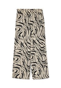 Weite Hose auf einem cremefarbenen Hintergrund mit einem auffälligen schwarzen, abstrakten Zebra-Muster. Mit einem elastischen Taillenbund und einer glatten Textur.